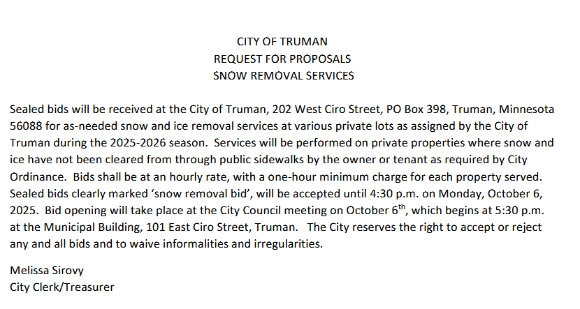 Truman Snow Removal Bids 2025